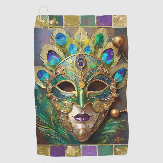 Mardi Gras Goud Keramisch Pauw Veer Masker Golfhanddoek (Voorkant)