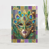 Mardi Gras Goud Keramisch Pauw Veer Masker Kaart (Voorkant)