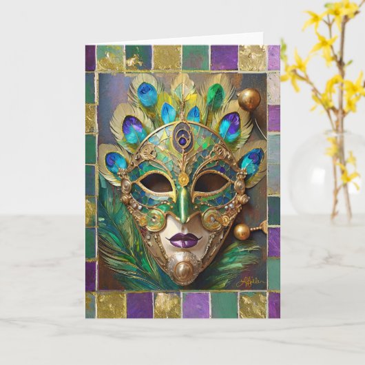 Mardi Gras Goud Keramisch Pauw Veer Masker Kaart (Gele Bloem)