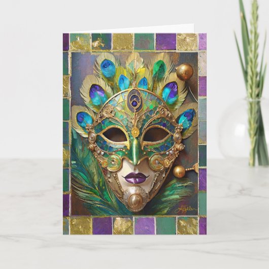 Mardi Gras Goud Keramisch Pauw Veer Masker Kaart (Voorkant)