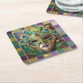 Mardi Gras Goud Keramisch Pauw Veer Masker Kartonnen Onderzetters (Schuin)