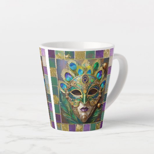 Mardi Gras Goud Keramisch Pauw Veer Masker Latte Mok (Rechterhoek)
