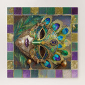 Mardi Gras Goud Keramisch Pauw Veer Masker Legpuzzel (Horizontaal)