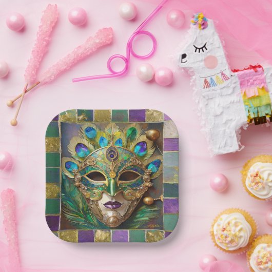 Mardi Gras Goud Keramisch Pauw Veer Masker Papieren Bordje (Feest)