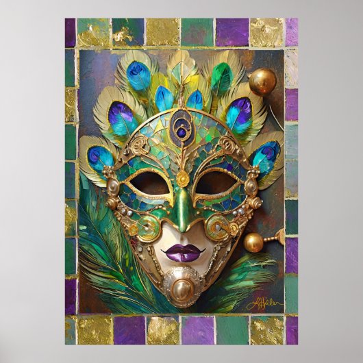 Mardi Gras Goud Keramisch Pauw Veer Masker Poster (Voorkant)