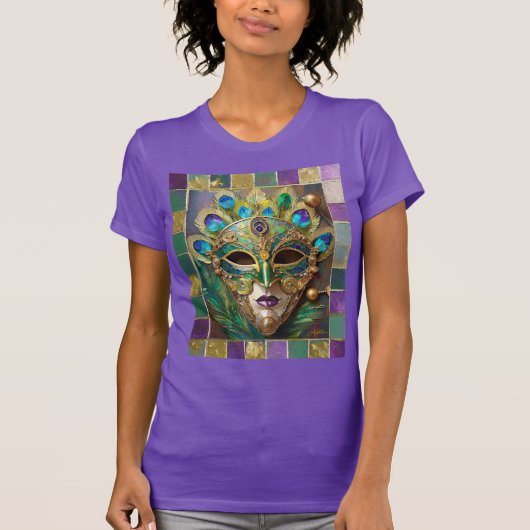 Mardi Gras Goud Keramisch Pauw Veer Masker T-shirt (Voorkant)