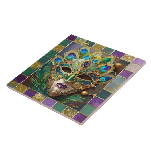 Mardi Gras Goud Keramisch Pauw Veer Masker Tegeltje (Zijkant)