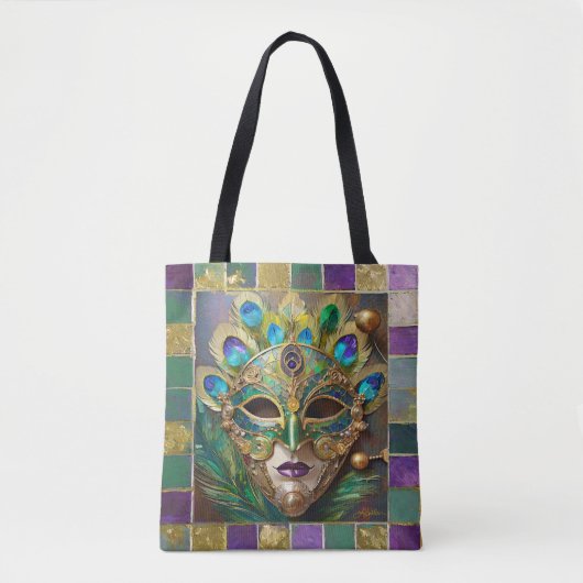 Mardi Gras Goud Keramisch Pauw Veer Masker Tote Bag (Voorkant)