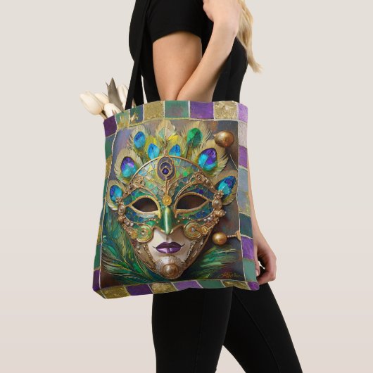 Mardi Gras Goud Keramisch Pauw Veer Masker Tote Bag (Dichtbij)