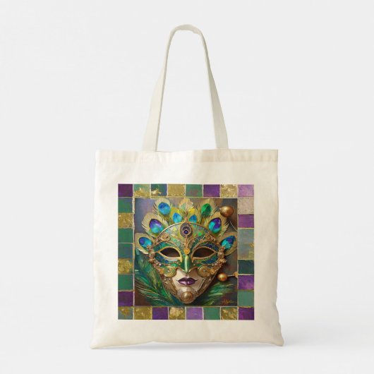 Mardi Gras Goud Keramisch Pauw Veer Masker Tote Bag (Achterkant)