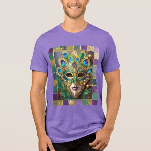 Mardi Gras Goud Keramisch Pauw Veer Masker Tri-Blend Shirt (Voorkant)