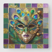 Mardi Gras Goud Keramisch Pauw Veer Masker Vierkante Klok (Voorkant)