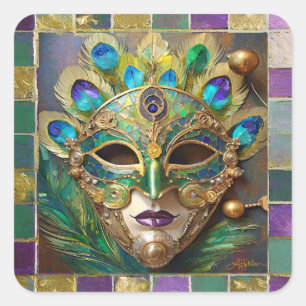 Mardi Gras Goud Keramisch Pauw Veer Masker Vierkante Sticker