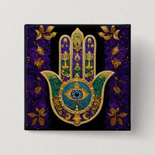 Mardi Gras Goud Paars Groen Hamsas Kunst Vierkante Button 5,1 Cm