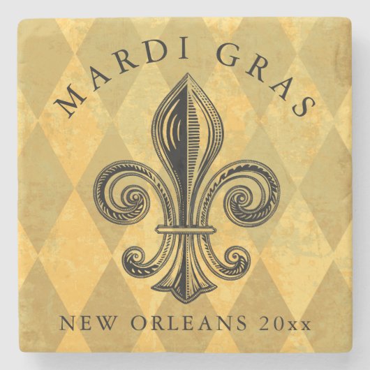 Mardi Gras Goud Zwart Fleur de lis Harlekijn Jaar Stenen Onderzetter (Voorkant)
