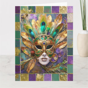 Mardi Gras Gouden en Groene Pauwveer Masker Kaart
