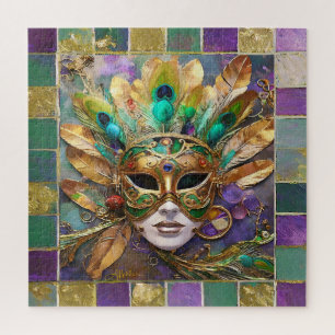 Mardi Gras Gouden en Groene Pauwveer Masker Legpuzzel