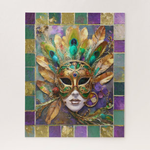 Mardi Gras Gouden en Groene Pauwveer Masker Legpuzzel