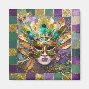 Mardi Gras Gouden en Groene Pauwveer Masker Magneet