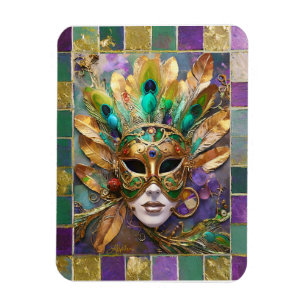 Mardi Gras Gouden en Groene Pauwveer Masker Magneet