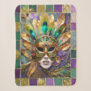 Mardi Gras Gouden en Groene Pauwveer Masker Sherpa Deken