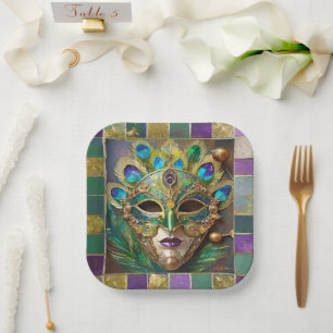 Mardi Gras Gouden Keramische Pauwveer Masker Papieren Bordje