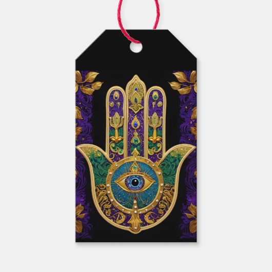 Mardi Gras Gouden Paarse Groene Hamsa's Kunst Cadeaulabel (Voorkant)
