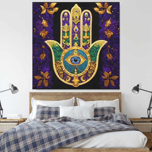 Mardi Gras Gouden Paarse Groene Hamsa's Kunst Canvas Afdruk (Insitu (Slaapkamer))