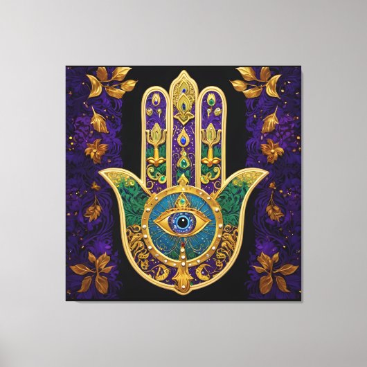 Mardi Gras Gouden Paarse Groene Hamsa's Kunst Canvas Afdruk (Voorkant)