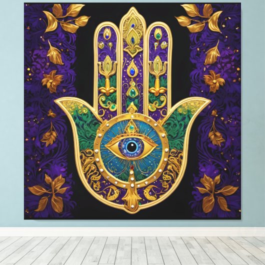 Mardi Gras Gouden Paarse Groene Hamsa's Kunst Canvas Afdruk (Insitu (Houten vloer))