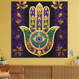 Mardi Gras Gouden Paarse Groene Hamsa's Kunst Canvas Afdruk