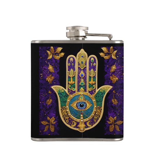 Mardi Gras Gouden Paarse Groene Hamsa's Kunst Heupfles (Achterkant)