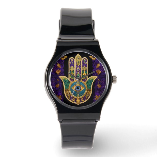 Mardi Gras Gouden Paarse Groene Hamsa's Kunst Horloge (Voorkant)