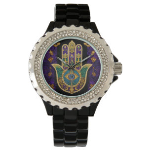 Mardi Gras Gouden Paarse Groene Hamsa's Kunst Horloge