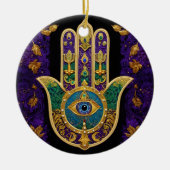 Mardi Gras Gouden Paarse Groene Hamsa's Kunst Keramisch Ornament (Voorkant)