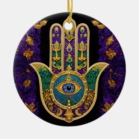 Mardi Gras Gouden Paarse Groene Hamsa's Kunst Keramisch Ornament (Voorkant)