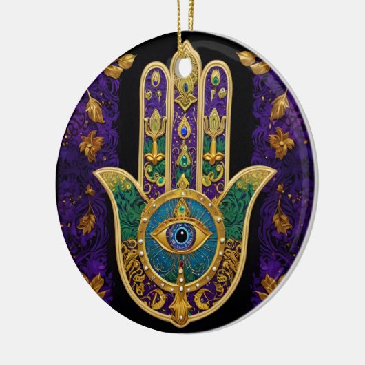 Mardi Gras Gouden Paarse Groene Hamsa's Kunst Keramisch Ornament (Links)