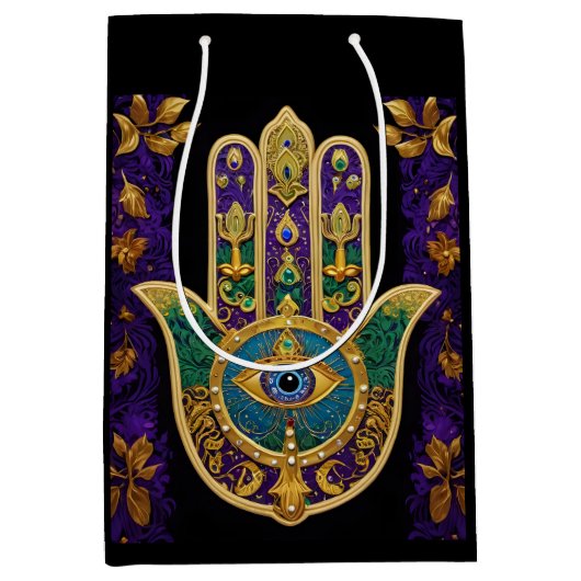 Mardi Gras Gouden Paarse Groene Hamsa's Kunst Medium Cadeauzakje (Voorkant)