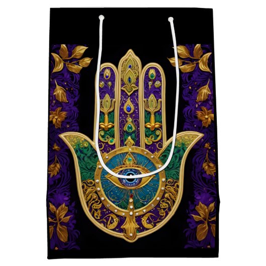 Mardi Gras Gouden Paarse Groene Hamsa's Kunst Medium Cadeauzakje (Achterkant)