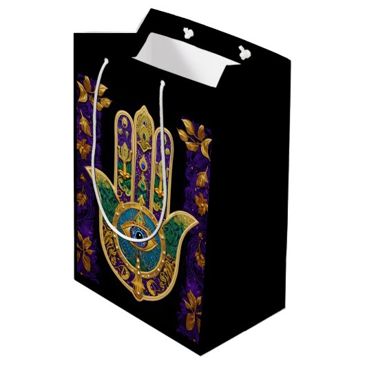 Mardi Gras Gouden Paarse Groene Hamsa's Kunst Medium Cadeauzakje (Achterkant Gekanteld)