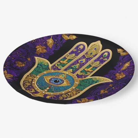 Mardi Gras Gouden Paarse Groene Hamsa's Kunst Papieren Bordje (Gekanteld)