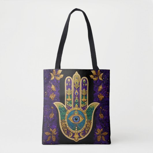 Mardi Gras Gouden Paarse Groene Hamsa's Kunst Tote Bag (Voorkant)