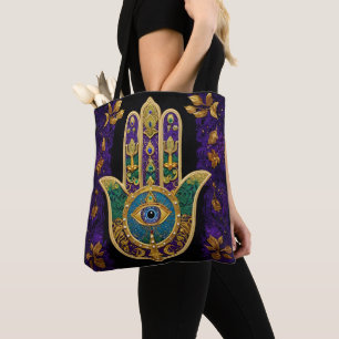 Mardi Gras Gouden Paarse Groene Hamsa's Kunst Tote Bag