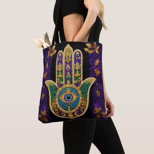 Mardi Gras Gouden Paarse Groene Hamsa's Kunst Tote Bag (Dichtbij)