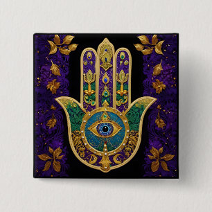 Mardi Gras Gouden Paarse Groene Hamsa's Kunst Vierkante Button 5,1 Cm