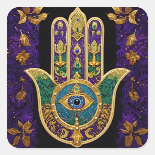 Mardi Gras Gouden Paarse Groene Hamsa's Kunst Vierkante Sticker (Voorkant)