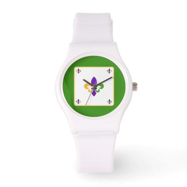 Mardi Gras Green Gold Purple Fleur de Lis Horloge (Voorkant)