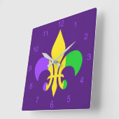 Mardi Gras Green Yellow Paars Fleur-de-Lis Vierkante Klok (Hoek)
