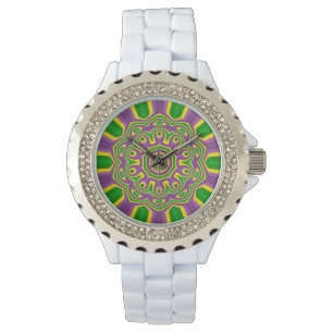 Mardi Gras Green Yellow Paars Pattern Mandala Horloge