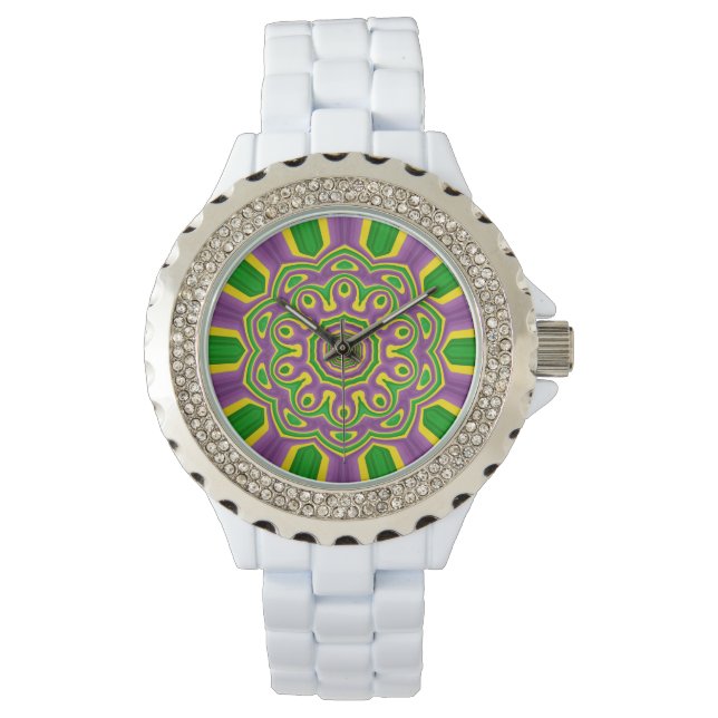 Mardi Gras Green Yellow Paars Pattern Mandala Horloge (Voorkant)
